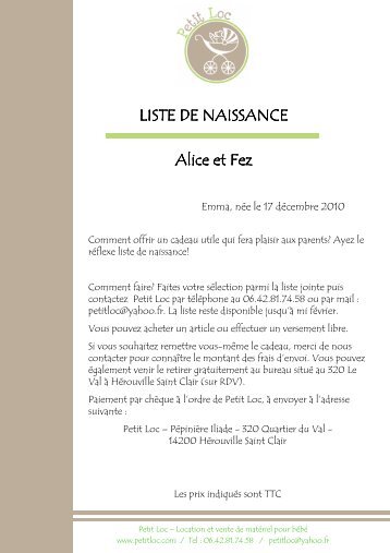 LISTE DE NAISSANCE Alice et Fez