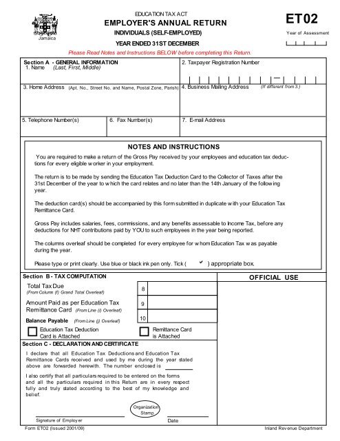 Form ET02 - EMPLOYER'S ANNUAL RETURN for INDIVIDUALS