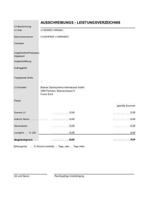 AUSSCHREIBUNGS - LEISTUNGSVERZEICHNIS - Bramac