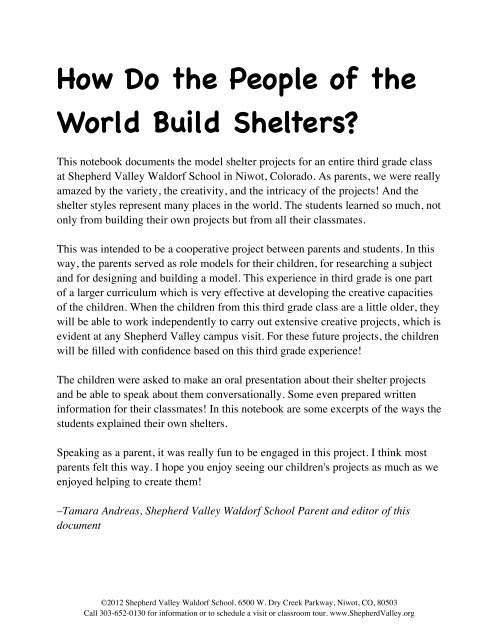 Third Grade Shelter Projects - Shepherd Valley Waldorf School