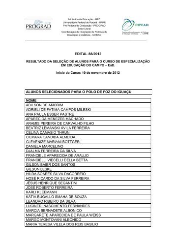 edital 88/2012 alunos selecionados para o polo de foz do ... - CIPEAD
