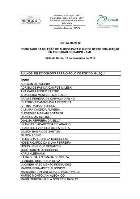 edital 88/2012 alunos selecionados para o polo de foz do ... - CIPEAD