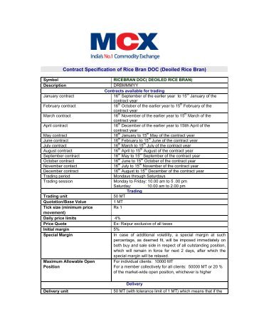 Contract Specification of Rice Bran DOC (Deoiled Rice Bran) - MCX