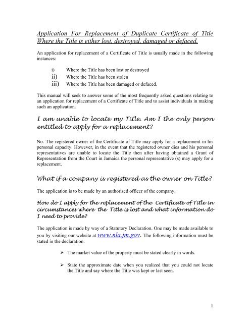 Application For Replacement of Duplicate Certificate of Title Where ...