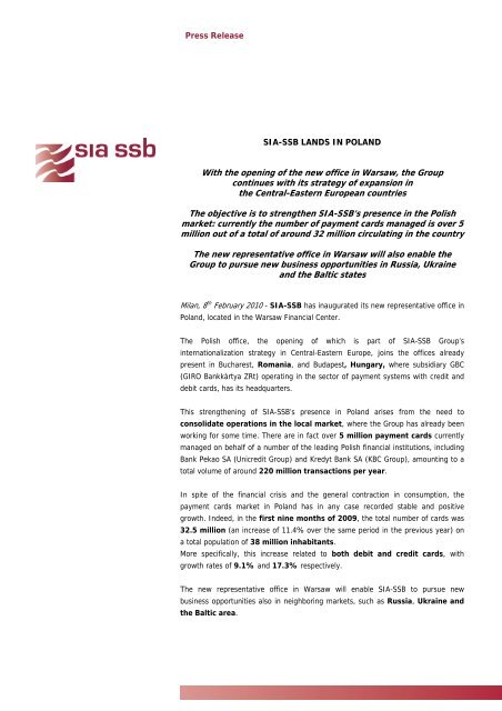 Press Release SIA-SSB LANDS IN POLAND With the opening of the ...