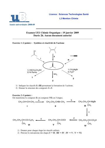 Examen UE1 Chimie Organique : 19 janvier 2009 ... - L3 Chimie Dijon