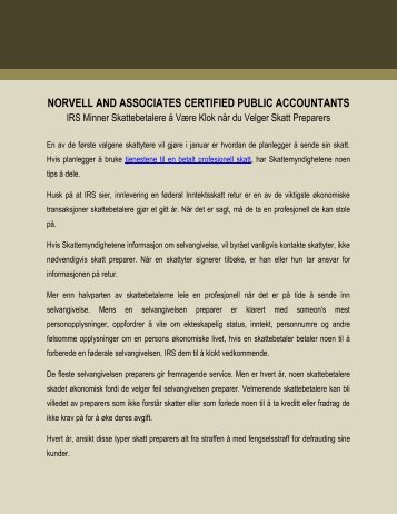 Norvell and Associates Certified Public Accountants: IRS Minner Skattebetalere å Være Klok når du Velger Skatt Preparers