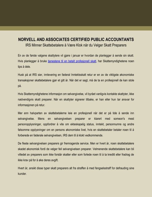 Norvell and Associates Certified Public Accountants: IRS Minner Skattebetalere å Være Klok når du Velger Skatt Preparers