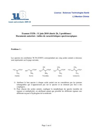 Examen UE5b : 11 juin 2010 (durÃ©e 2h, 3 ... - L3 Chimie Dijon