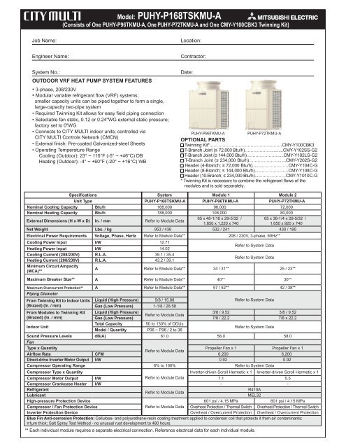 Model: PUHY-P168TSKMU-A - Mitsubishi Electric Sales Canada Inc.