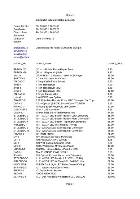 Download Adobe PDF Printable Pricelist - Ccity.ie