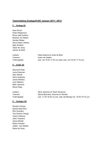 Teamindeling Oudega/HJSC seizoen 2011- 2012 - VV Oudega