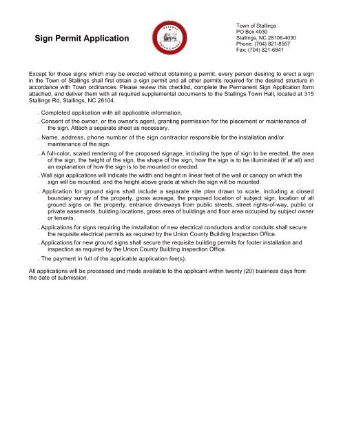Sign Permit Application - Town of Stallings