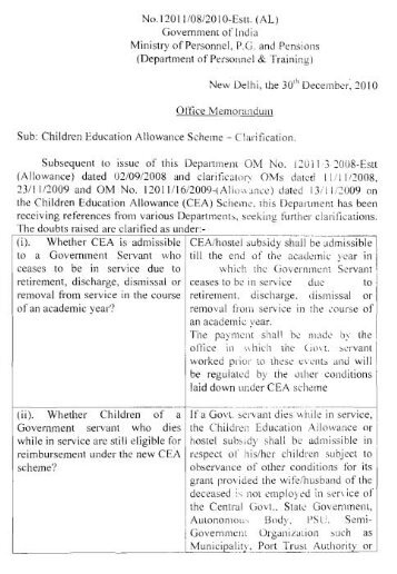 Children Education Allowance Scheme Clarification - kvs ro sirsa