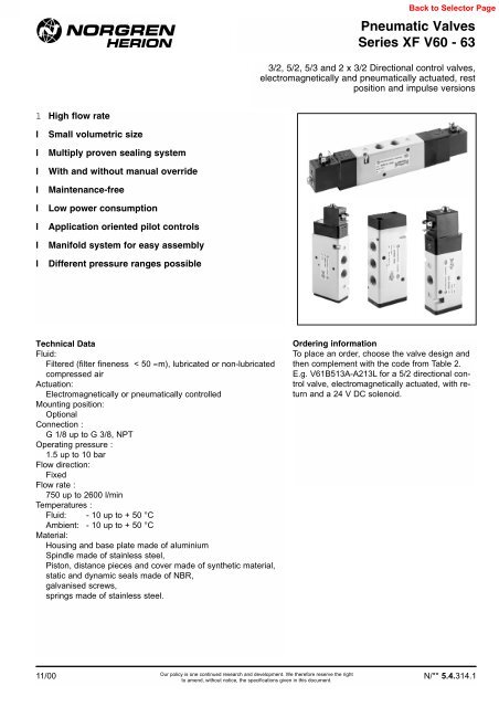 Pneumatic Valves Series XF V60 - 63 - Norgren Pneumatics. Motion ...