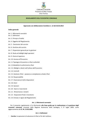 Regolamento dell'Ecocentro - Comune di Budoni