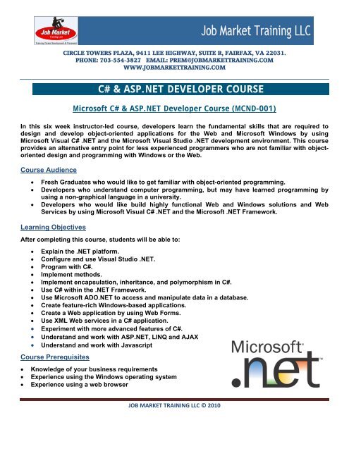 C# &  DEVELOPER COURSE - Job Market Training LLC