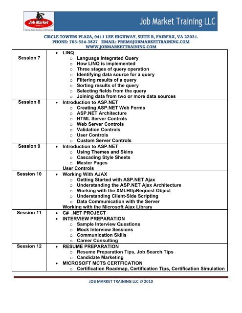 C# & ASP.NET DEVELOPER COURSE - Job Market Training LLC