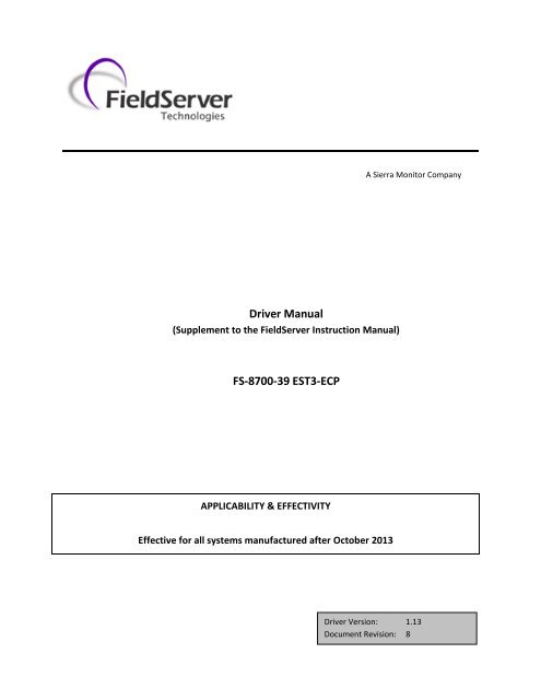 Driver Manual FS-8700-39 EST3-ECP - FieldServer Technologies