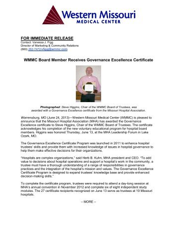 WMMC Board Member Receives Governance Excellence Certificate