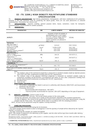 ss â€“75: 2208 j high density polyethylene standard specification