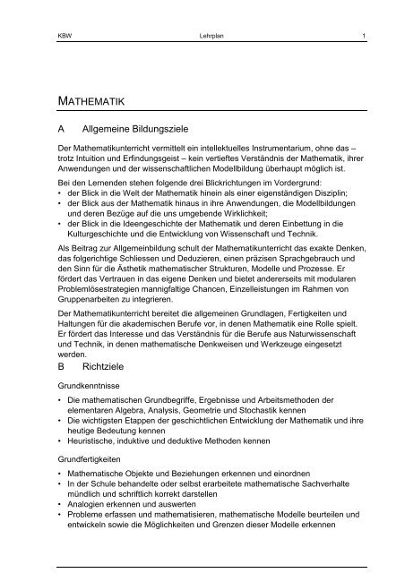 MATHEMATIK A Allgemeine Bildungsziele B Richtziele