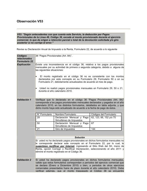 Observación V53 - Servicio de Impuestos Internos