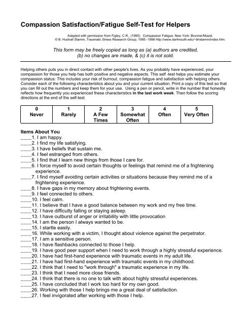 Compassion Satisfaction/Fatigue Self-Test for Helpers - CASAT