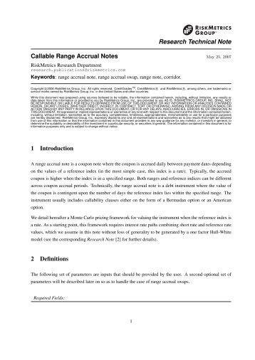 Technical Note on Callable Range Accrual Note instrument