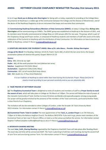 Chaplaincy Newsletter: 31 January 2013 - Heythrop College