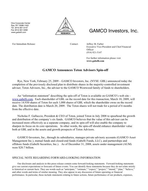 GAMCO Announces Teton Advisors Spin-off - Gabelli