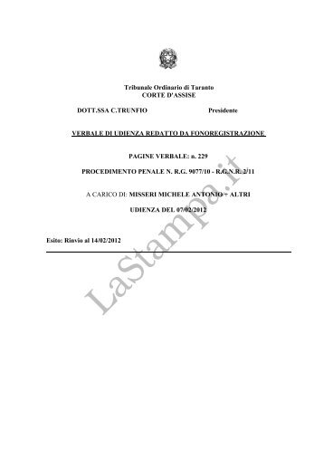 Tribunale Ordinario di Taranto CORTE D'ASSISE DOTT.SSA C ...