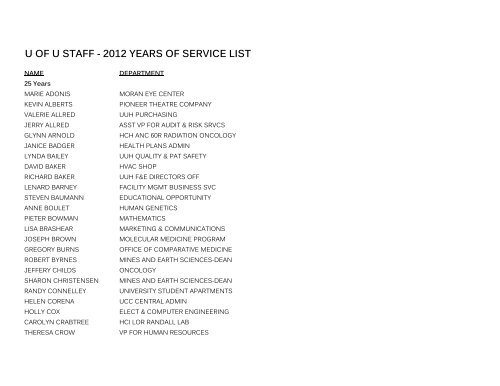 u of u staff - 2012 years of service list - The University of Utah
