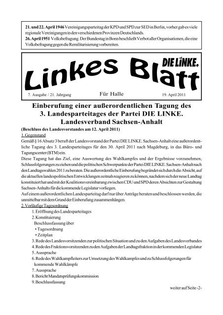 Ausgabe Nr. 7 vom 19. April 2011 - DIE LINKE. Halle /Saale