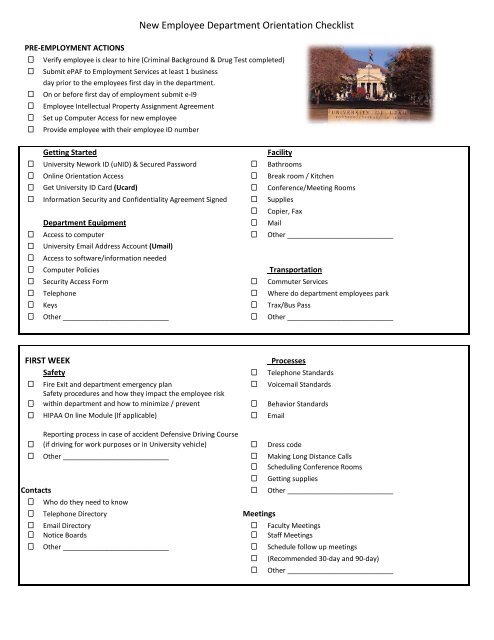 New Employee Department Orientation Checklist The