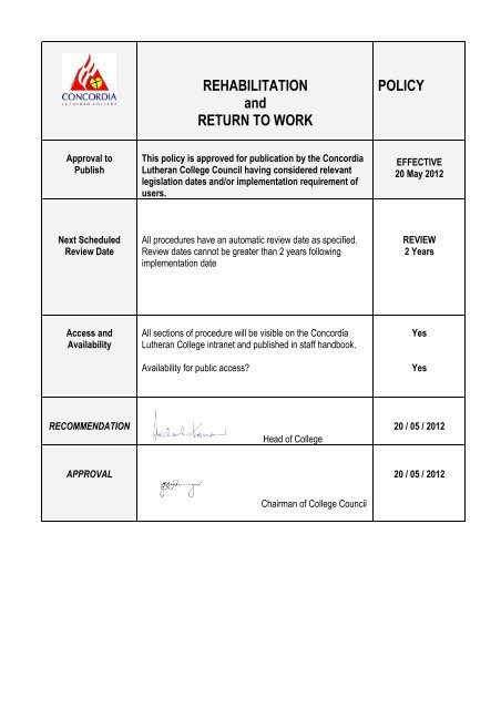 Rehabilitation and Return to Work Policy - Concordia College ...