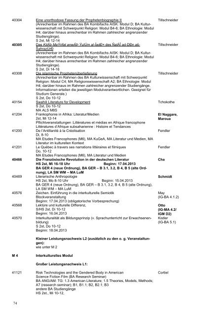 Kommentiertes Vorlesungsverzeichnis Sommersemester 2013