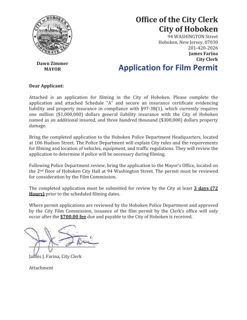 Application for Film Permit - Hoboken NJ