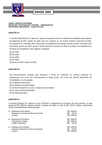 Questões de Escrituração - Amaurinete - Faculdade Christus