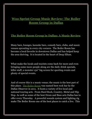 Woo Sprint Group Music Review: The Boiler Room Group in Dallas