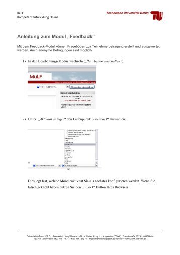 Kurzanleitung zum Moodle-Modul Feedback - ZEWK - TU Berlin