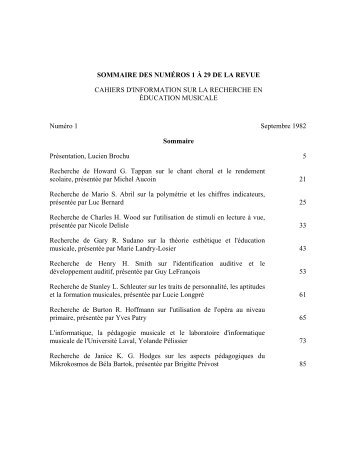 sommaire des numéros 1 à 29 - Faculté de musique - Université Laval