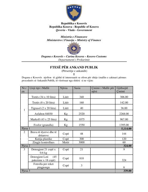 FTESË PËR ANKAND PUBLIK - Dogana e Kosovës