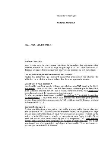 TNT / NUMERICABLE Madame, Monsieur, Nous avons reÃ§u ... - Massy