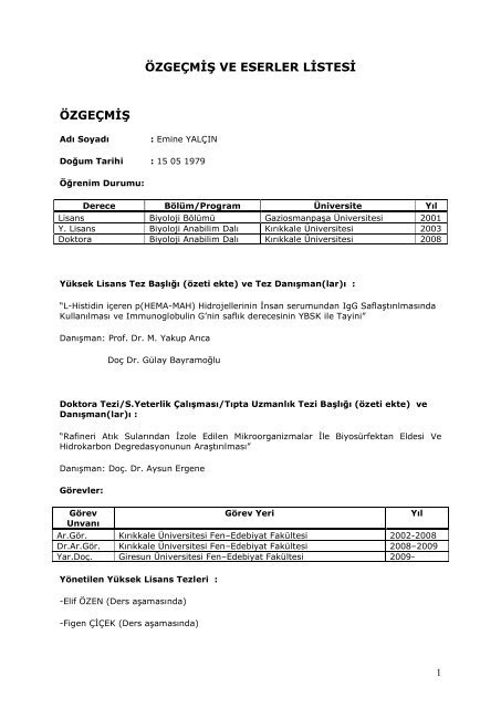 Ã¶zgeÃ§miÅ ve eserler listesi Ã¶zgeÃ§miÅ - Biyoloji - Giresun Ãniversitesi