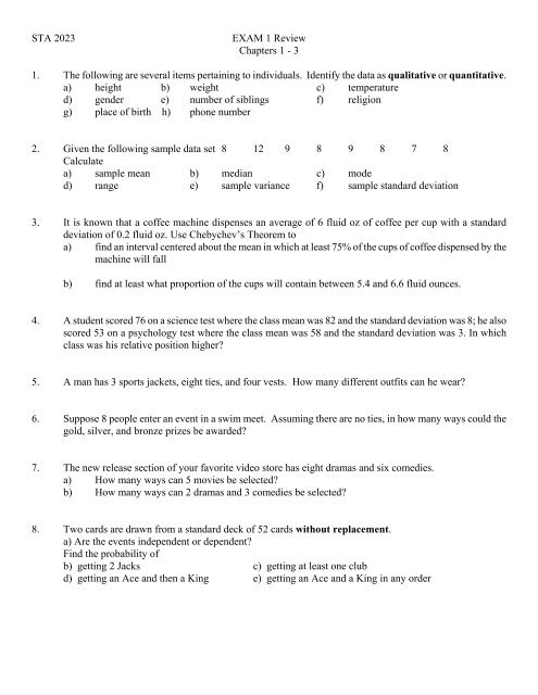 STA 2023 EXAM 1 Review Chapters 1 - 3 1. The following are ...