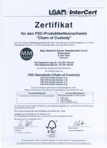 Zertifi kat fur den FSC-Produkt.kettennachweis "Chain ... - MM Karton