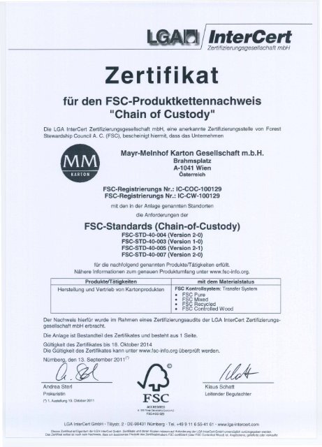 Zertifi kat fur den FSC-Produkt.kettennachweis "Chain ... - MM Karton