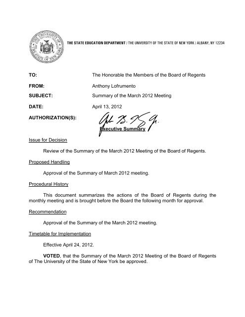 Summary of the March 2012 Regents Meeting - Board of Regents