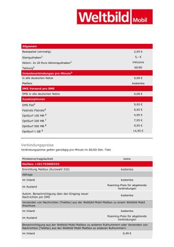 Verbindungspreise - Weltbild Mobil